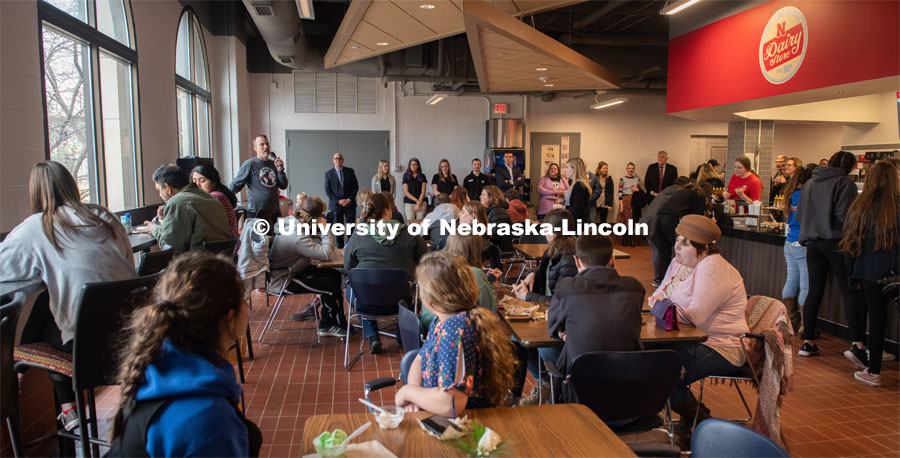 Dr. Terry Howell Jr., of the Food Processing Center, addresses the crowd at the ice cream social. CASNR Week Ice Cream Social, UNL Dairy Store Relocation Celebration. March 12, 2020. Photo by Gregory Nathan / University Communication.